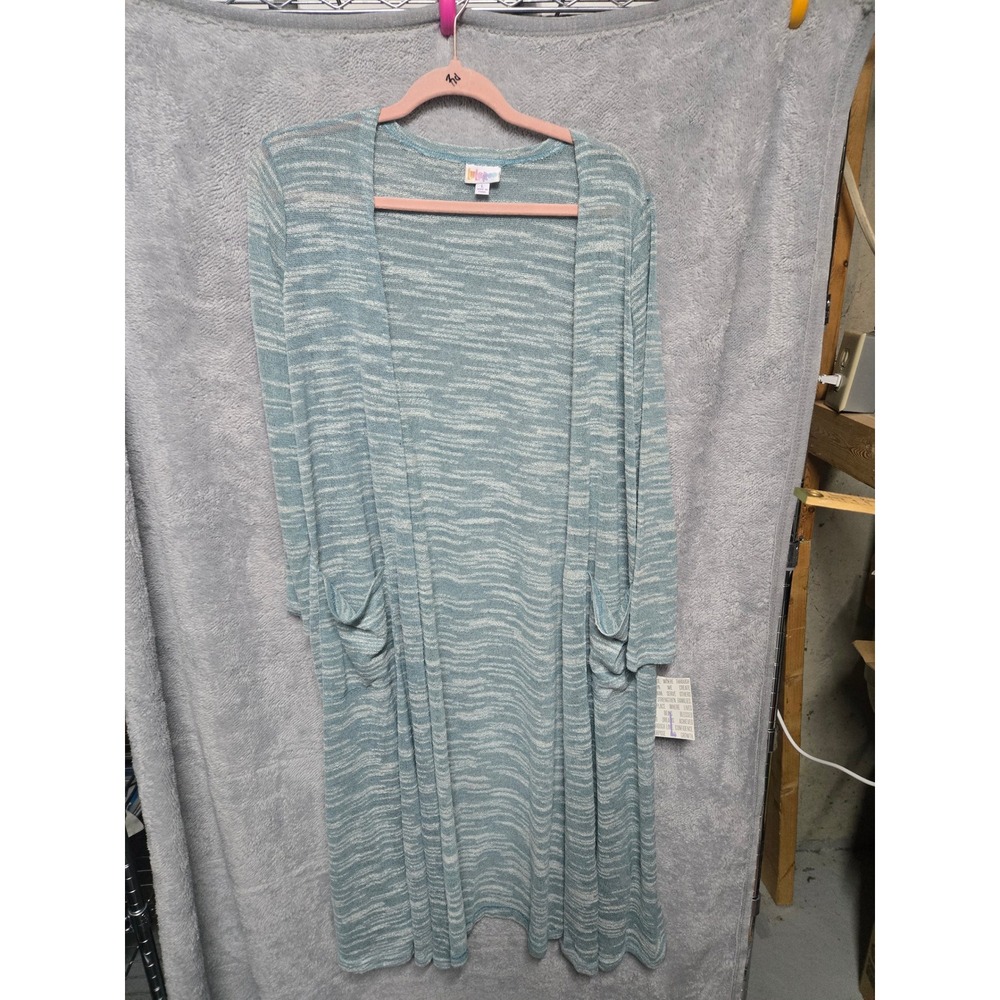LuLaRoe Sarah Long Cardigan Duster L Blue White Space Dye Knit Pockets New